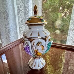Vintage ELPA Alcobaca Portugal Hand Painted Gilded Ginger Jar Urn